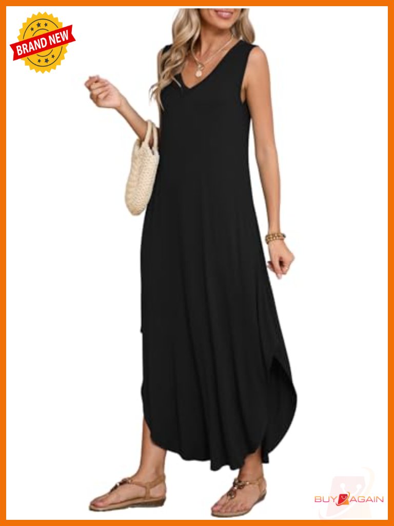 Plus Size Maxi Dress Sundress Casual Sleeveless V Neck Pockets Beach Coverup